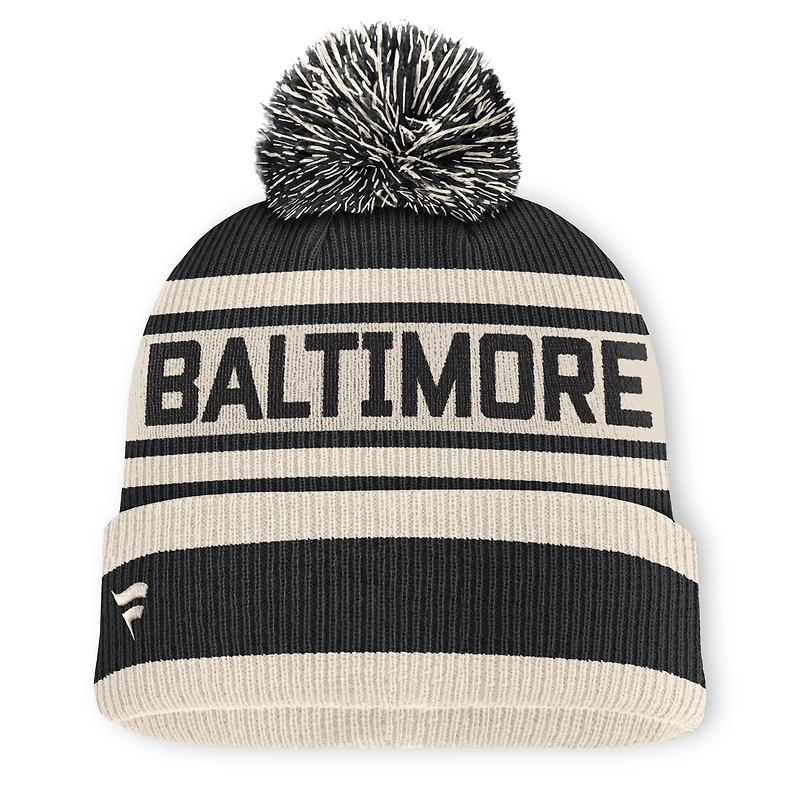 Bonnet à revers en maille avec pompon, noir, motif Baltimore Orioles, de la marque Fanatics.