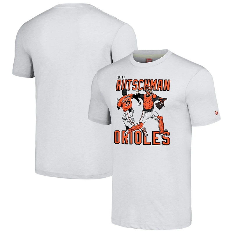 Men's Homage Adley Rutschman Gray Baltimore Orioles Caricature Player Tri-Blend T-Shirt