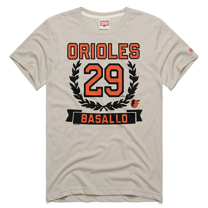 Men's Homage Samuel Basallo Stone Baltimore Orioles Wreath Rookie Graphic Tri-Blend T-Shirt