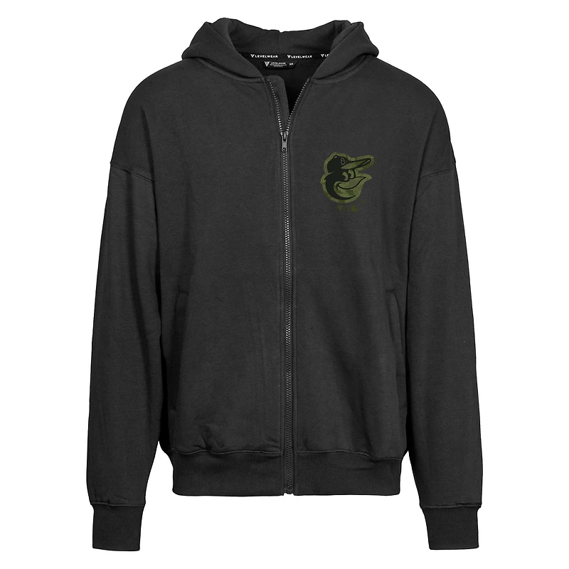 Sweat à capuche entièrement zippé surdimensionné motif camouflage numérique Uphill pour homme de Baltimore Orioles, noir, Levelwear