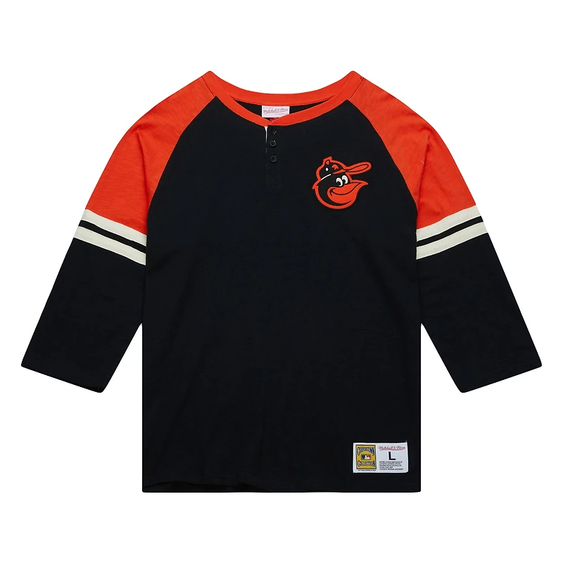 Men's Mitchell & Ness Black Baltimore Orioles Cooperstown Collection Legendary Raglan Slub Henley 3/4-Sleeve T-Shirt