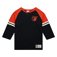 Men's Mitchell & Ness Black Baltimore Orioles Cooperstown Collection Legendary Raglan Slub Henley 3/4-Sleeve T-Shirt