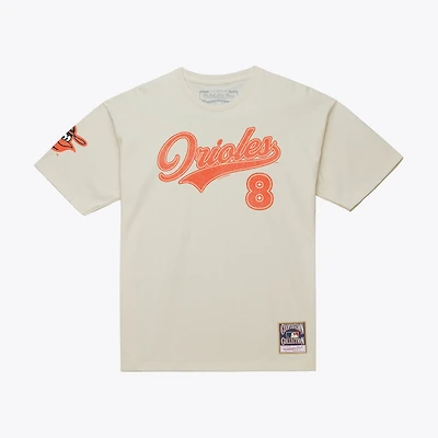 Men's Mitchell & Ness Cal Ripken Jr. Cream Baltimore Orioles Cooperstown Collection Throwback Name Number T-Shirt