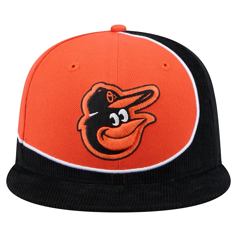Casquette snapback en velours côtelé noir/orange New Era pour homme des Baltimore Orioles