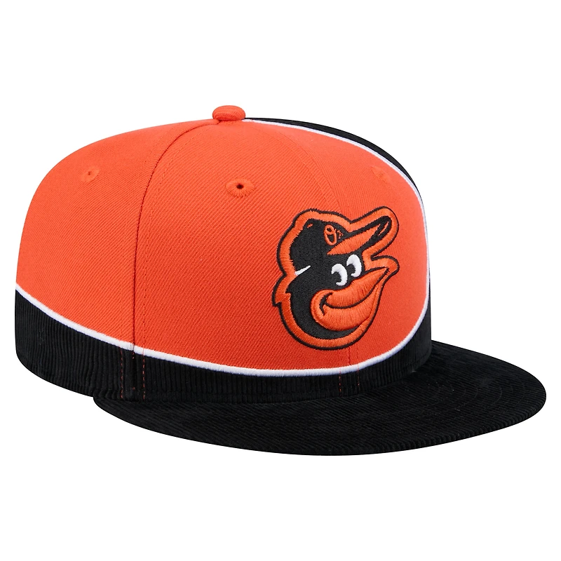 Casquette snapback en velours côtelé noir/orange New Era pour homme des Baltimore Orioles