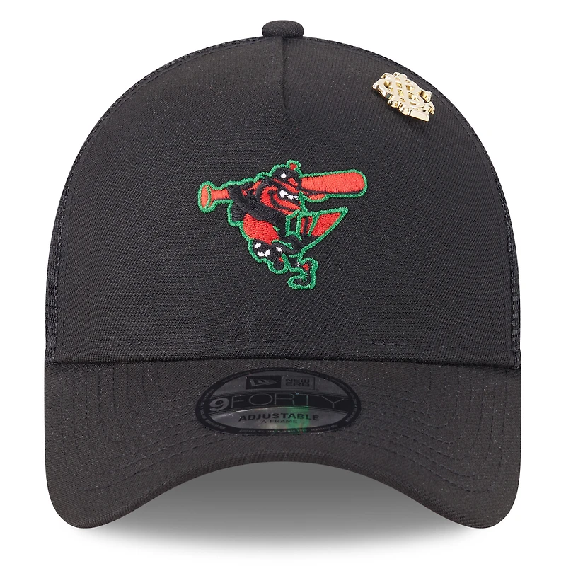 Men's New Era Black Baltimore Orioles 2025 Big League Chew A-Frame 9FORTY Adjustable Trucker Hat