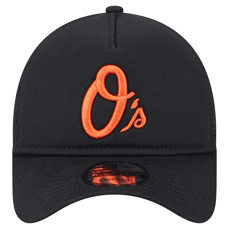 Men's New Era Black Baltimore Orioles 9FORTY A-Frame Trucker Adjustable Hat