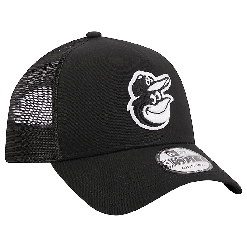 Men's New Era Black Baltimore Orioles A-Frame 9FORTY Trucker Adjustable Hat
