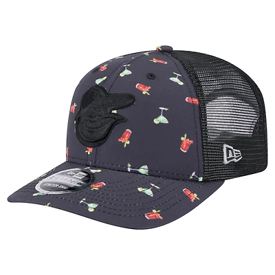 Men's New Era Black Baltimore Orioles Adventure Drinks Pattern 9SEVENTY Stretch-Snap Hat