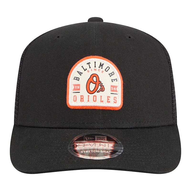 Men's New Era Black Baltimore Orioles Alternate Logo Contest 9SEVENTY Adjustable Trucker Hat