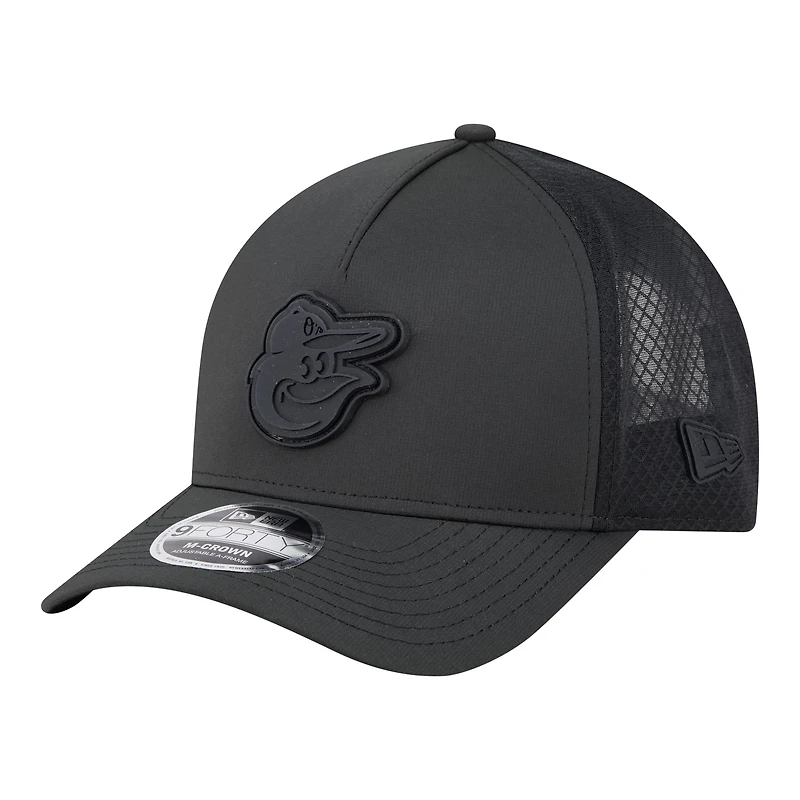 Men's New Era Black Baltimore Orioles Badged M-Crown A-Frame 9FORTY Trucker Adjustable Hat