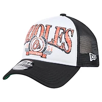 Casquette camionneur ajustable New Era 9FORTY A-Frame noire à effet usé pour homme des Orioles de Baltimore