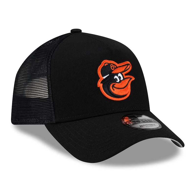 Men's New Era Black Baltimore Orioles Side Script 9FORTY A-Frame Trucker Adjustable Hat