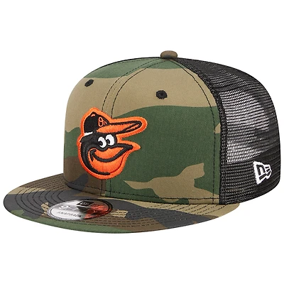 Casquette New Era Camo Baltimore Orioles Woodland Camo Trucker 9FIFTY Snapback pour homme