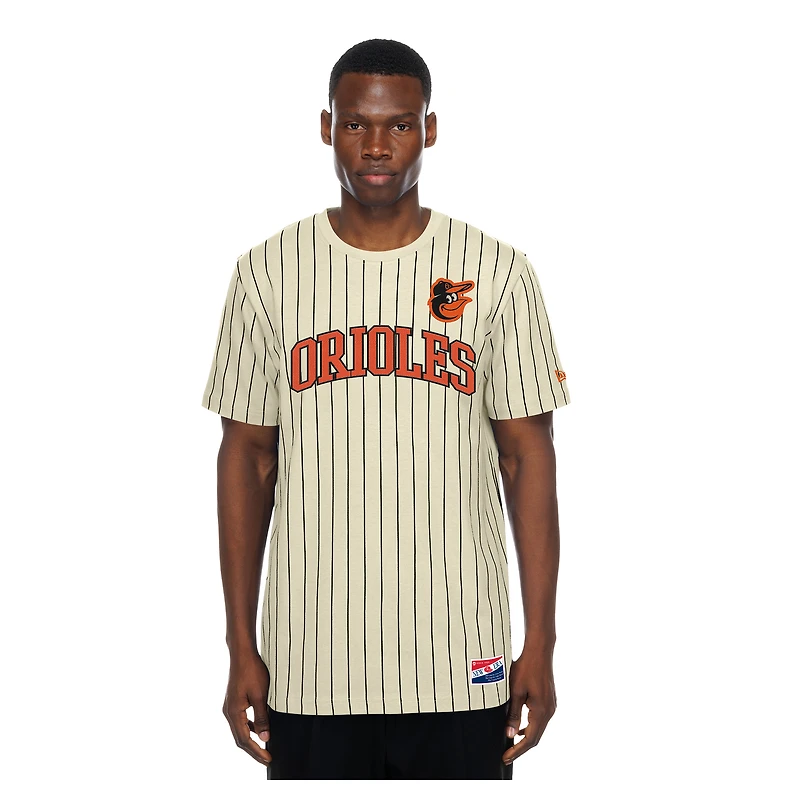 Men's New Era Cream Baltimore Orioles Throwback Meshback Pinstripe T-Shirt