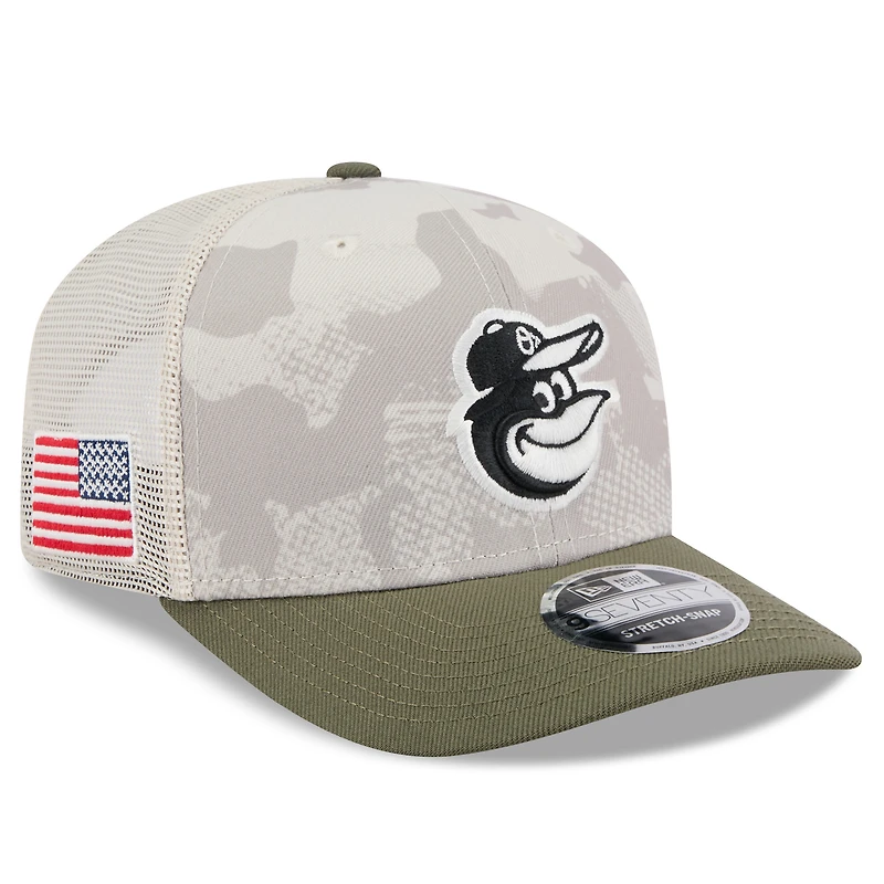 Men's New Era Light Beige/Olive Baltimore Orioles 2025 Armed Forces Day 9SEVENTY Stretch-Snap Hat