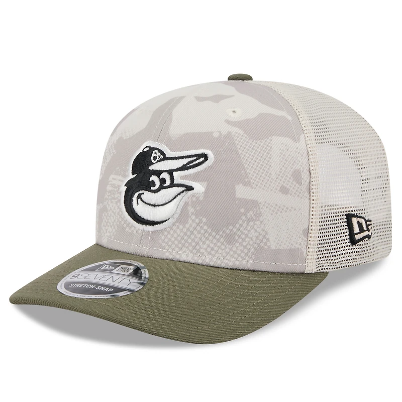 Men's New Era Light Beige/Olive Baltimore Orioles 2025 Armed Forces Day 9SEVENTY Stretch-Snap Hat