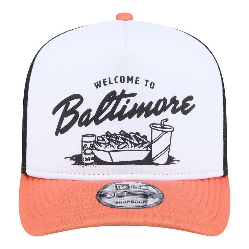 Men's New Era White/Orange Baltimore Orioles Foodie A-Frame 9FIFTY Trucker Snapback Hat