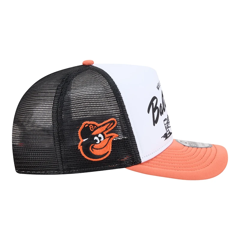 Men's New Era White/Orange Baltimore Orioles Foodie A-Frame 9FIFTY Trucker Snapback Hat