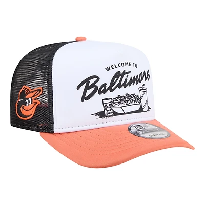 Men's New Era White/Orange Baltimore Orioles Foodie A-Frame 9FIFTY Trucker Snapback Hat