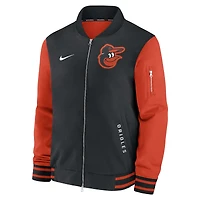 Veste aviateur Nike noire/orange pour homme, collection authentique des Baltimore Orioles, coupe décontractée entièrement zippée.