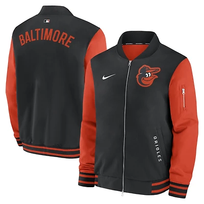 Veste aviateur Nike noire/orange pour homme, collection authentique des Baltimore Orioles, coupe décontractée entièrement zippée.