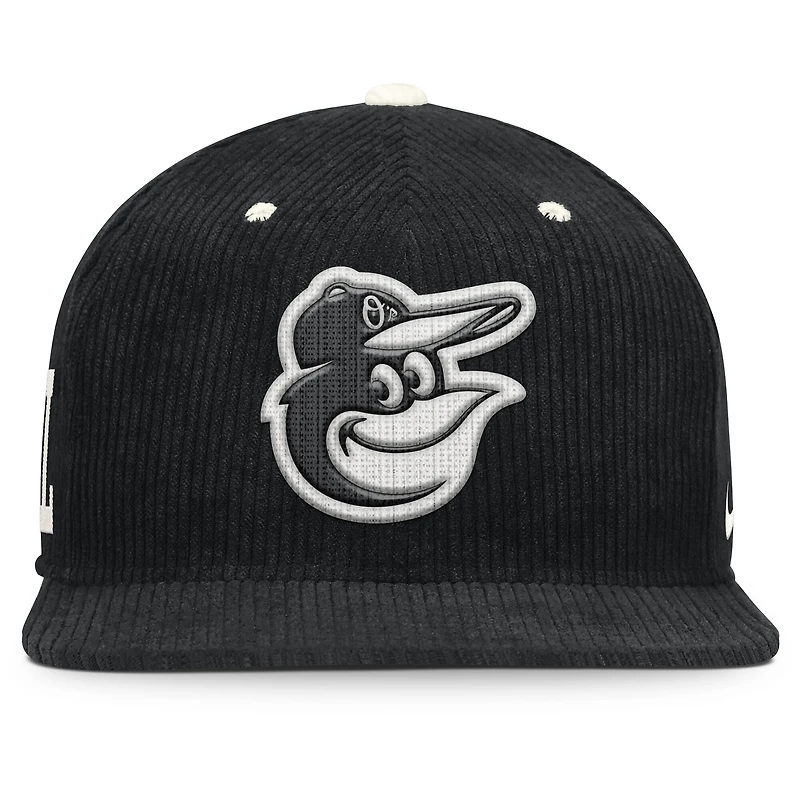 Casquette structurée à fermeture snapback Nike Baltimore Orioles Pro en velours côtelé noir pour homme