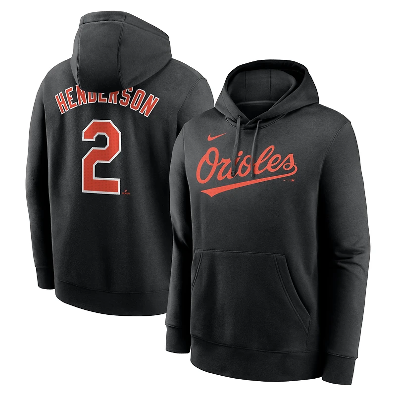 Sweat à capuche Nike Gunnar Henderson noir pour homme avec nom et numéro de joueur des Orioles Baltimore