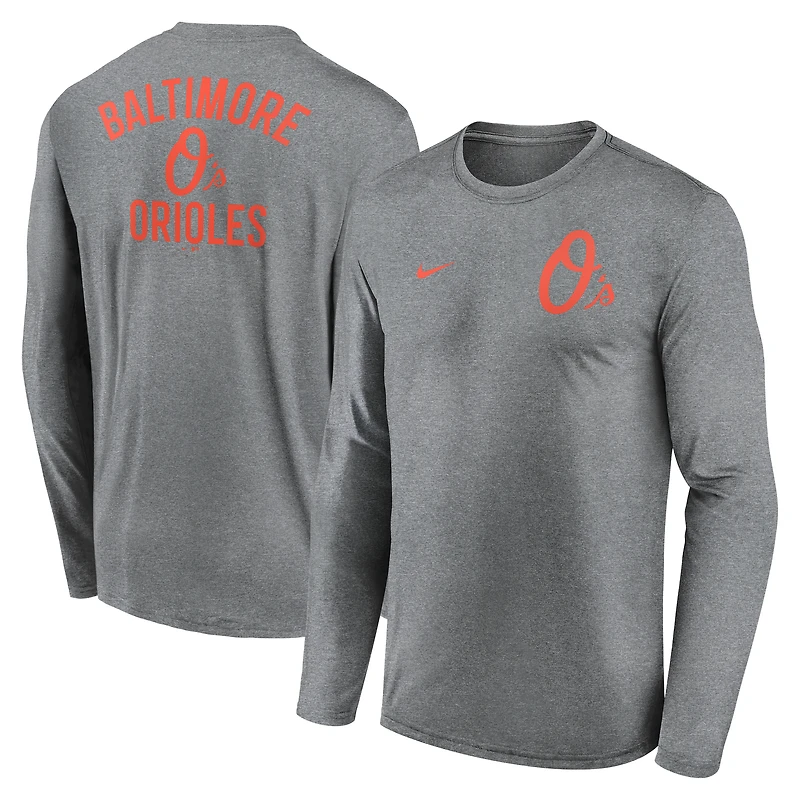 Men's Nike Heather Charcoal Baltimore Orioles 2-Hit Legend Dri-FIT Long Sleeve T-Shirt