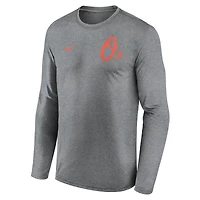 T-shirt à manches longues Nike Dri-FIT anthracite chiné pour homme, motif 2 coups légendaire des Orioles de Baltimore