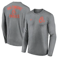 T-shirt à manches longues Nike Dri-FIT anthracite chiné pour homme, motif 2 coups légendaire des Orioles de Baltimore