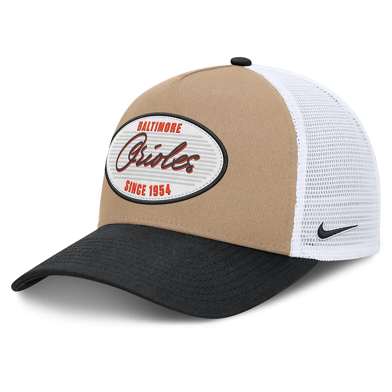Casquette trucker ajustable Nike Baltimore Orioles Rise kaki/noir pour homme