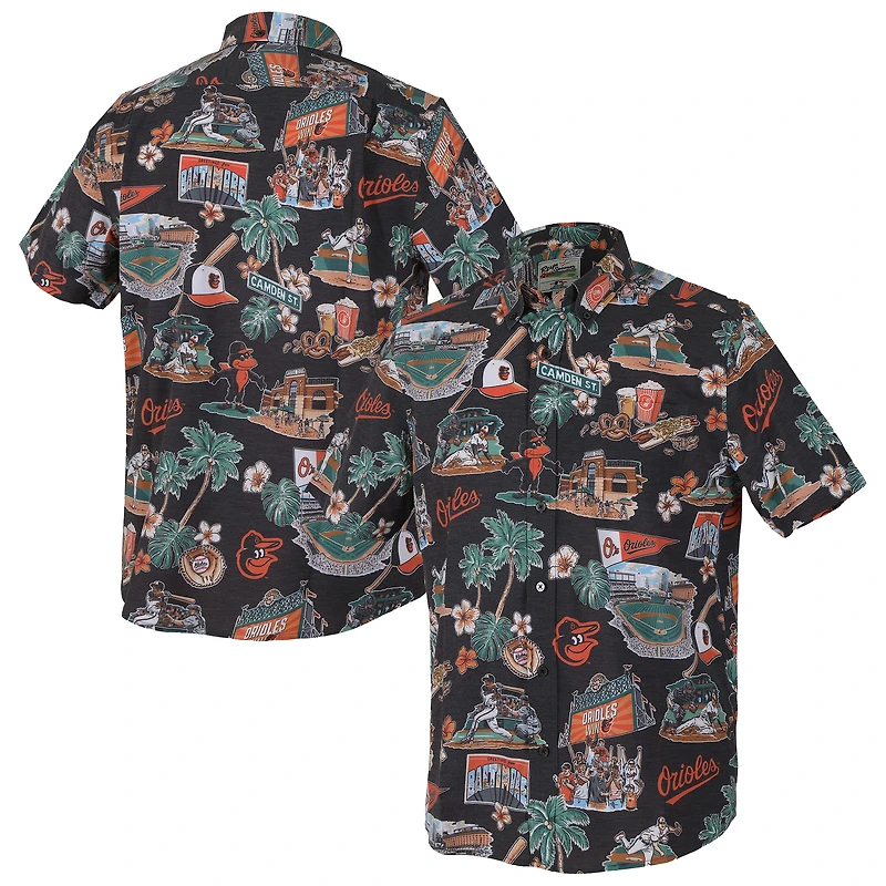 Chemise hawaïenne boutonnée Reyn Spooner Black Baltimore Orioles pour homme, grandes tailles, performance scénique, mélange de trois matières, style Aloha.