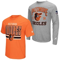Ensemble de deux t-shirts à manches longues et courtes Starter pour homme, gris chiné/orange, Baltimore Orioles