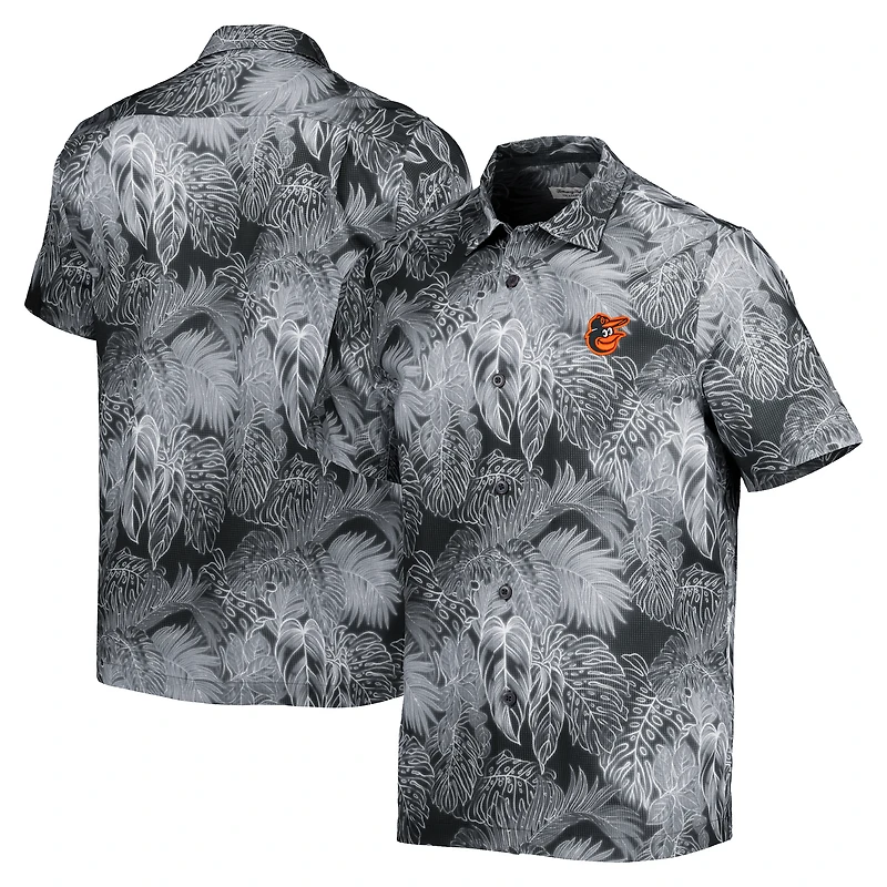 Men's Tommy Bahama Black Baltimore Orioles Coast Luminescent Fronds IslandZone Button-Up Camp Shirt