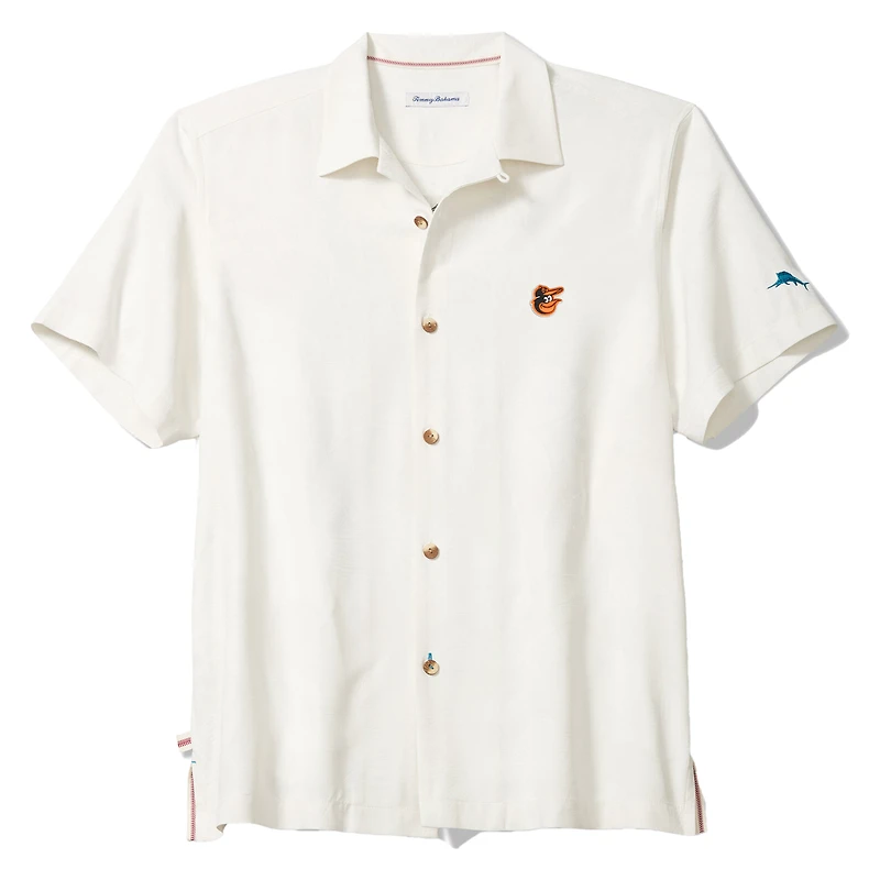 Chemise boutonnée Tommy Bahama blanche pour homme, Baltimore Orioles Island Fly Ball Camp, en mélange de trois fibres COOLMAX.