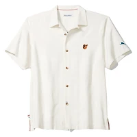 Chemise boutonnée Tommy Bahama blanche pour homme, Baltimore Orioles Island Fly Ball Camp, en mélange de trois fibres COOLMAX.