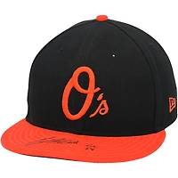 Casquette New Era noire et orange autographiée par Ryan Mountcastle, portée lors d'un match des Orioles de Baltimore (saison 2024 de la MLB), avec inscription « GU 24 ».