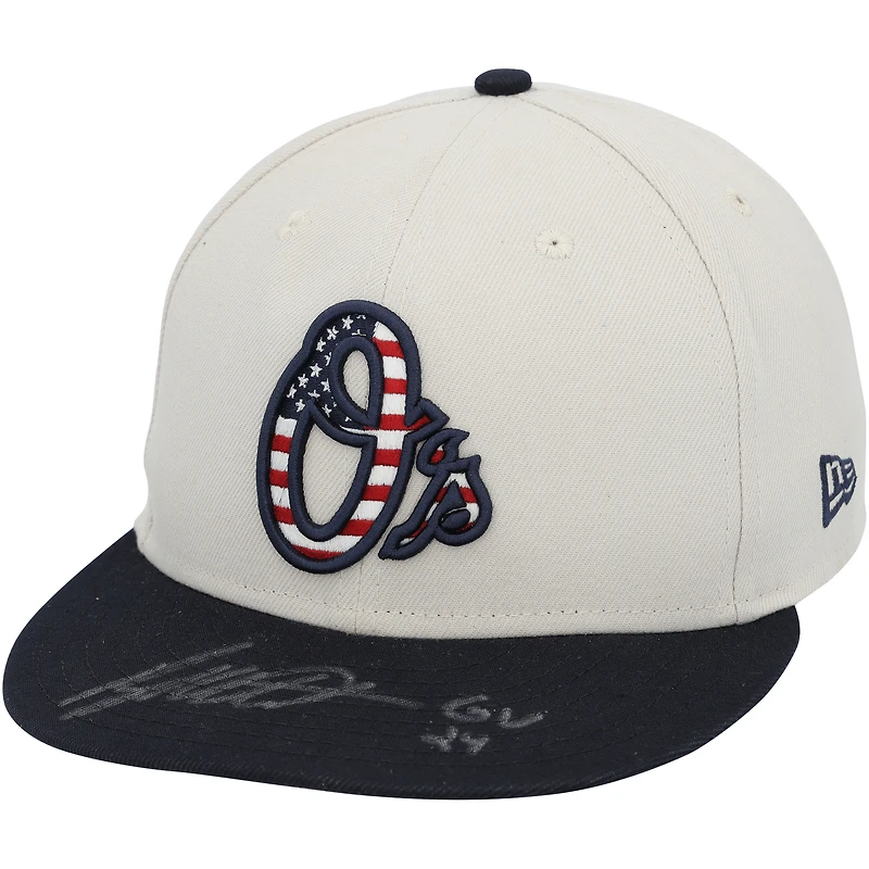 Casquette New Era beige portée en match par Ryan Mountcastle des Orioles de Baltimore lors de la saison 2024 de la MLB, avec inscription « GU 24 ».