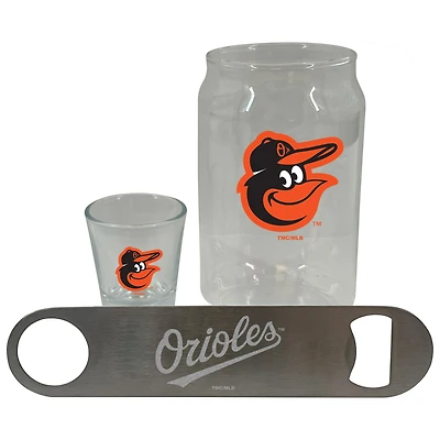 Ensemble de trois verres à bière Baltimore Orioles de The Memory Company, verre à liqueur de 2 oz et décapsuleur