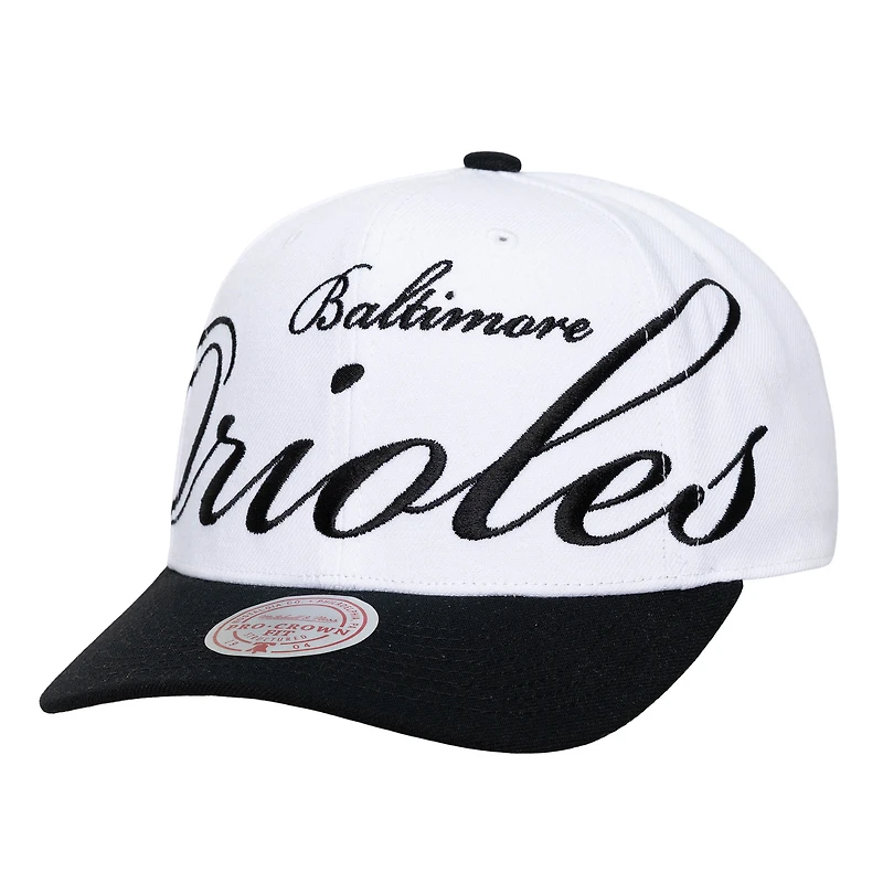 Unisex Mitchell & Ness White/Black Baltimore Orioles XL Script Pro Crown Adjustable Hat