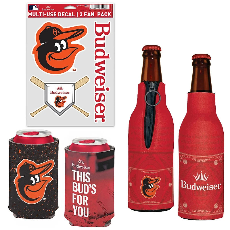 WinCraft Baltimore Orioles MLB x Budweiser Refroidisseur de canettes, refroidisseur de bouteilles et pack d'autocollants