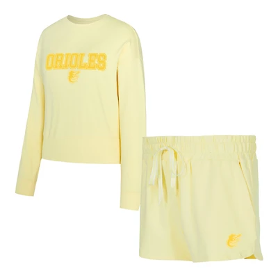 Ensemble haut à manches longues et short Elevation Tri-Blend pour femme Concepts Sport Yellow Baltimore Orioles