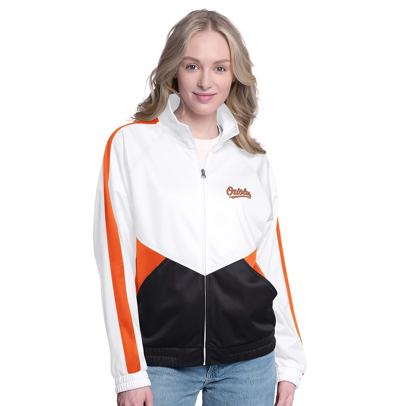 Women's G-III Sports by Carl Banks White/Orange Baltimore Orioles Rally Rhinestone Raglan Full-Zip Track Jacket
