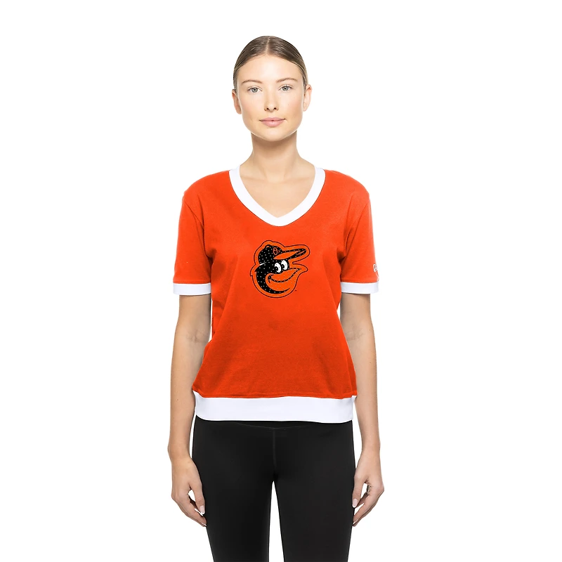 Women's New Era Orange Baltimore Orioles Game Day Rhinestone V-Neck T-Shirt