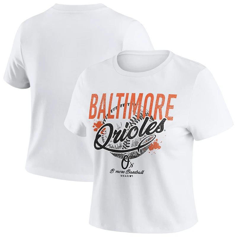 Women's WEAR by Erin Andrews  White Baltimore Orioles Distressed Cropped Baby T-Shirt