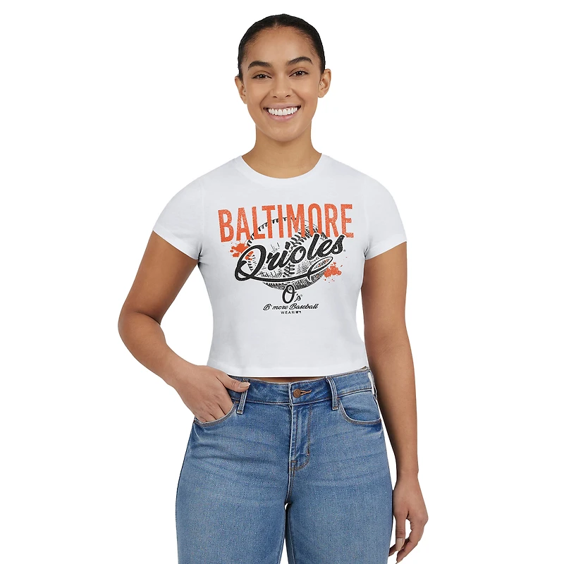 Women's WEAR by Erin Andrews  White Baltimore Orioles Distressed Cropped Baby T-Shirt