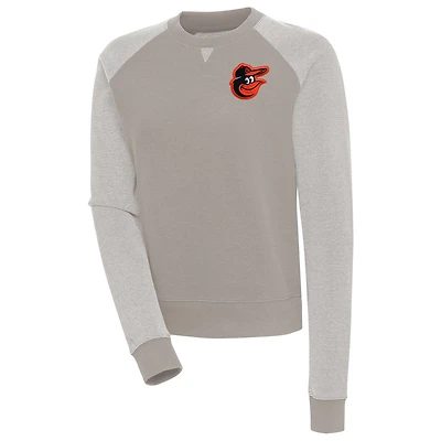 Women's Antigua  Oatmeal/White Baltimore Orioles Flier Bunker Tri-Blend Pullover Sweatshirt