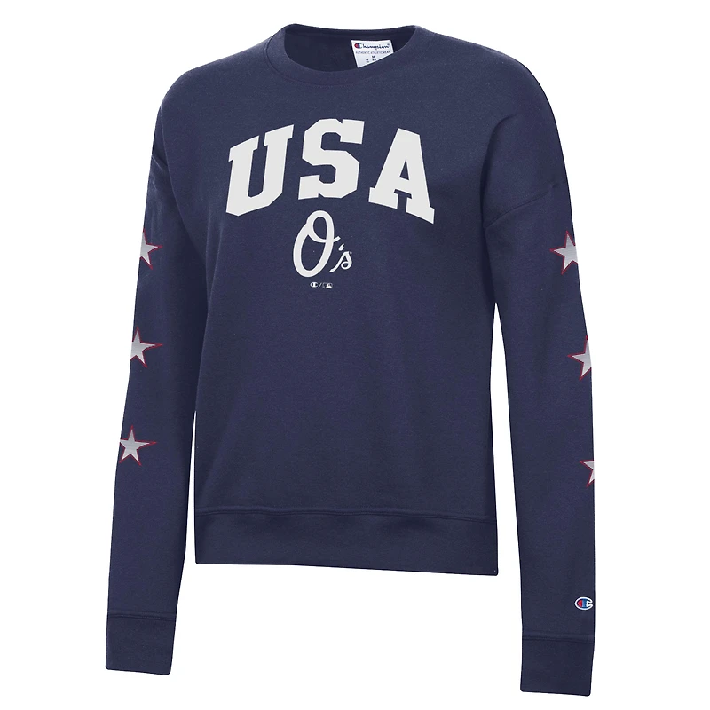Women's Champion  Navy Baltimore Orioles Americana Fleece Crewneck Sweatshirt