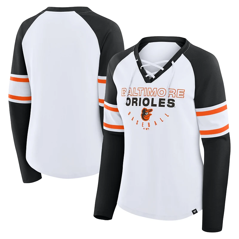 T-shirt à manches longues et col en V lacets raglan pour femme Fanatics, blanc/noir, motif Blitz des Orioles de Baltimore